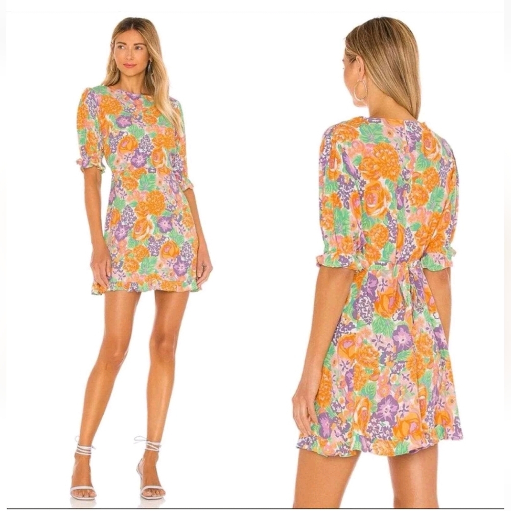 Faithfull the Brand Florence Mini Dress Ade Floral Puff Sleeve Back  Zipper Sz 6